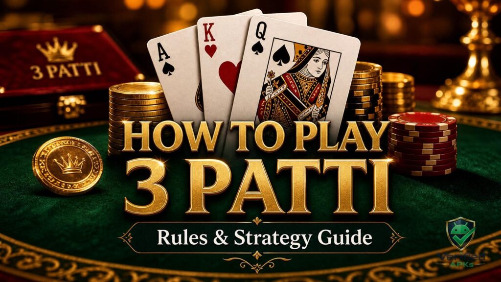 Teen Patti Gold 111 bonus scam alert with playing cards, rupee notes, locked withdrawal popup and chained money warning.