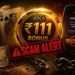 Teen Patti Gold Rs 111 bonus scam alert with playing cards, rupee notes, locked withdrawal popup and chained money warning.