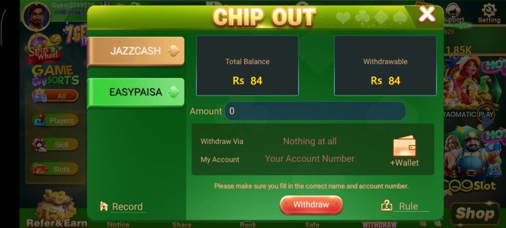 3 Patti Boss withdrawal page showing JazzCash and Easypaisa wallet options with minimum PKR 500 withdrawal amount displayed