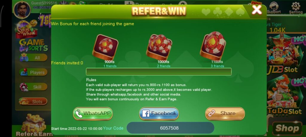 3 Patti Boss referral program screen showing unique invite link, referral bonus details and total earnings from inviting friends in Pakistan