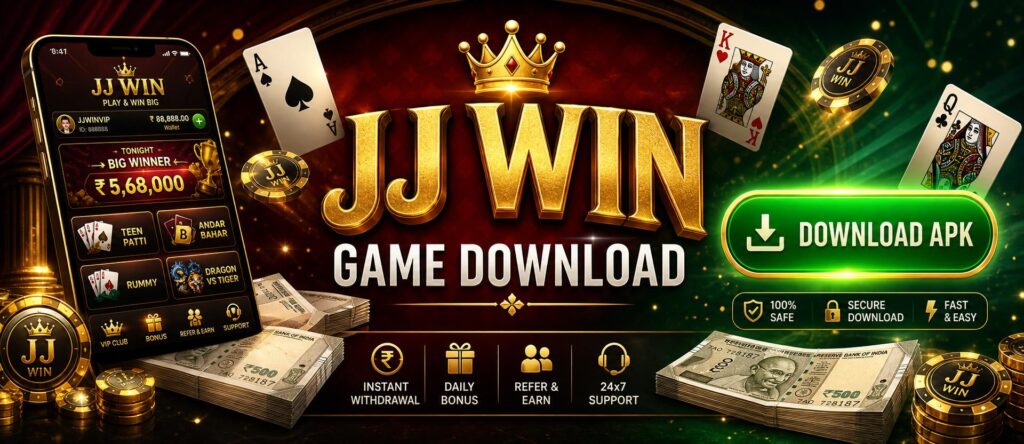 JJ Win game login banner on Verified APKs — JJ Win APK download button with casino chips, cards and rupee notes.