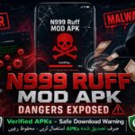 N999 Ruff GitHub Mod APK dangers — cracked phone with malware skull, GitHub code window and N999 game download warning by Verified APKs.