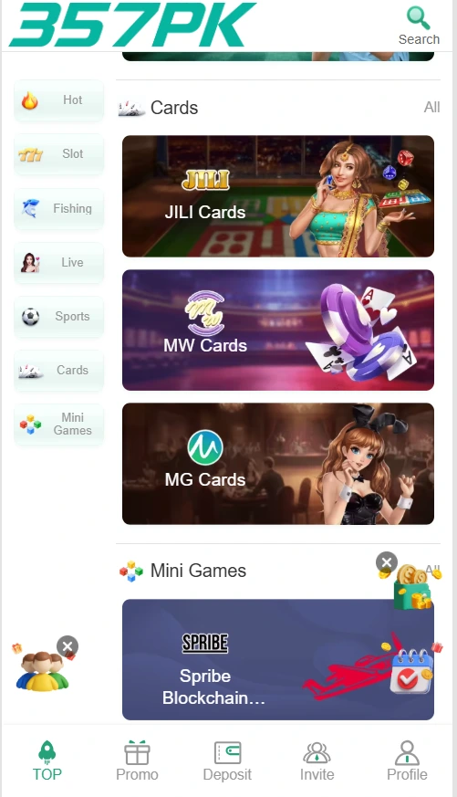 The cards game; JILI Cards, MG Cards, and MW Cards in 357PK Game along with other mini games in the 357PK Game hub.