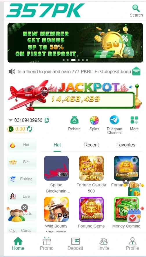 Interactive digital lobby of 357PK Game showing JILI Slots, PG Slots, PP Slots, and diverse casual card options.
