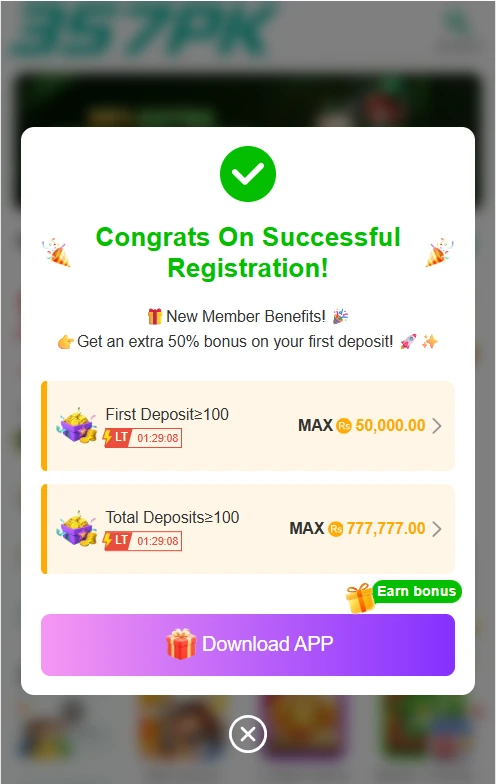 Registration completion screen of the new 357PK Game APK.