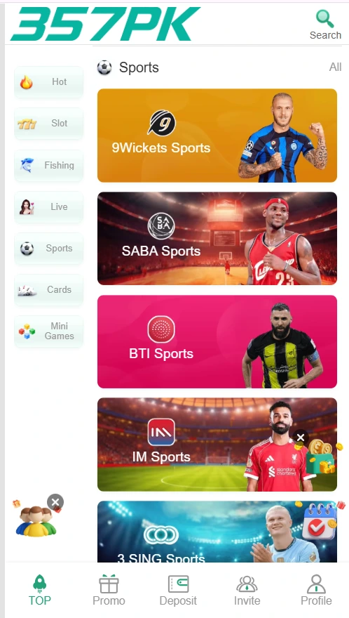 Play 9Wicket sports, SABA Sports, BTI Sports and IM sports game in the new 357PK Game APK.