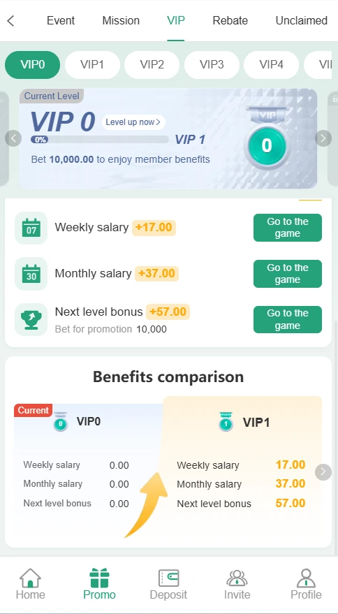 357pK Game's secure reward center displaying the 50 percent first deposit bonus and tiered VIP salary perks.