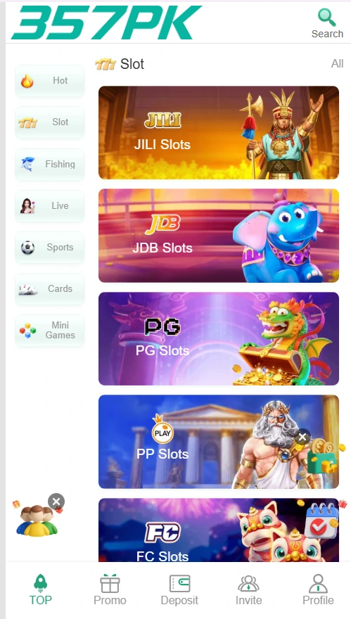 JLI Slots, JDB Slots, PG Slots, PP Slots and FC Slots are the slot game available in the 357PK Game APK.