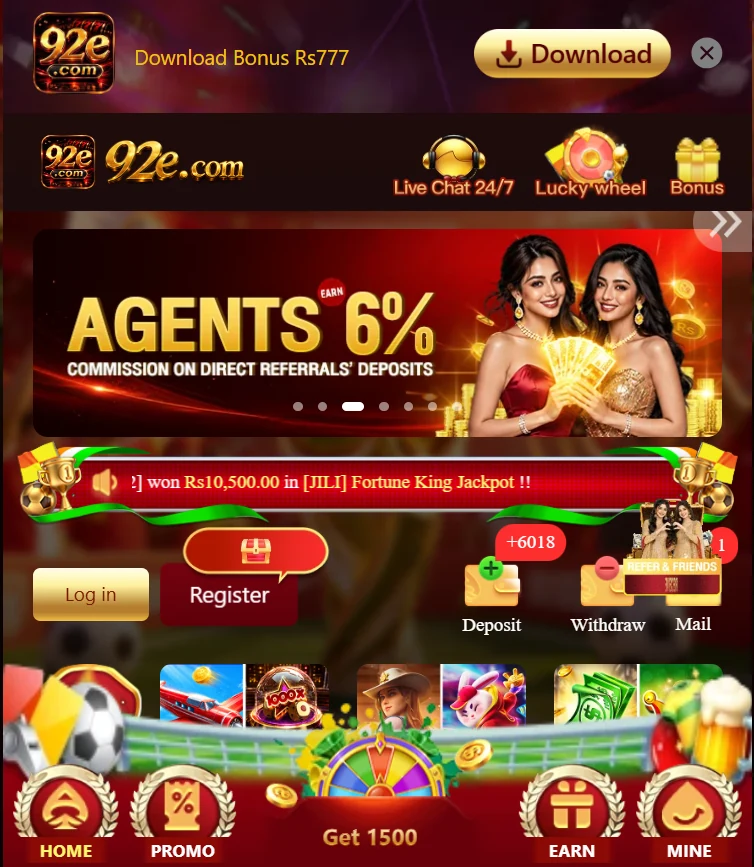 92E Game homepage showing Agents 6% commission banner, Deposit, Withdraw and Register options