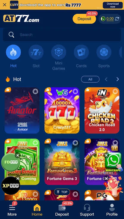 The main dashboard of the AT777 game APK showing live slots, Aviator, and real-money game lobbies for Pakistani players.
