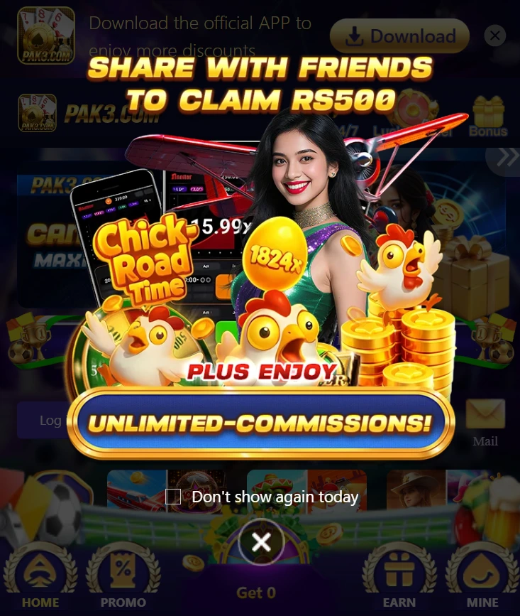 Official PAK3 Game promotional pop-up displaying Rs 500 share bonuses and unlimited referral commissions.