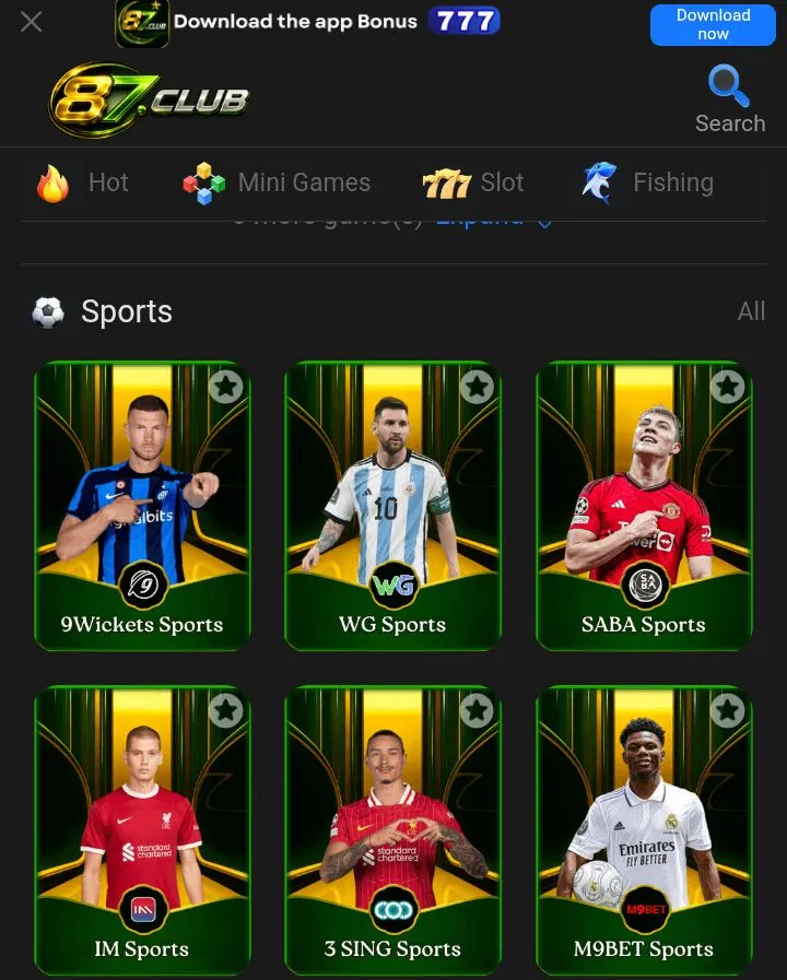 Sports prediction game app section within the 87Club Game