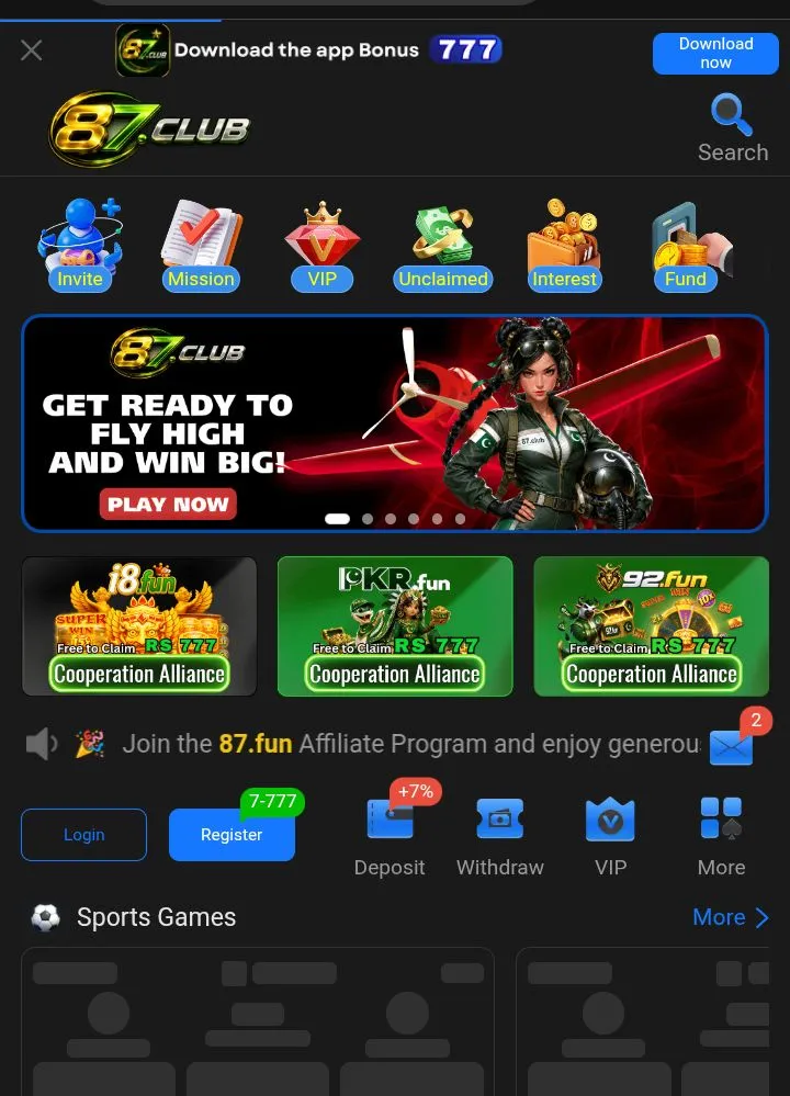 87Club Game main dashboard showing registration, deposit, and VIP features