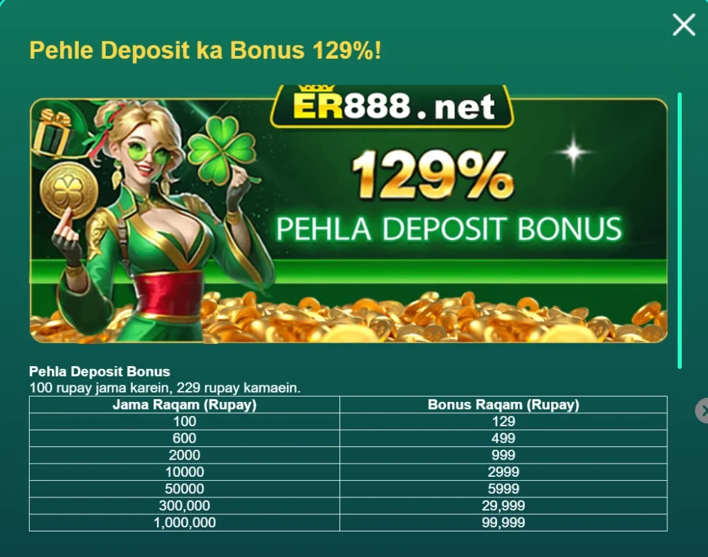 ER888 Game first deposit bonus offer showing 129% Pehla Deposit reward with payout table