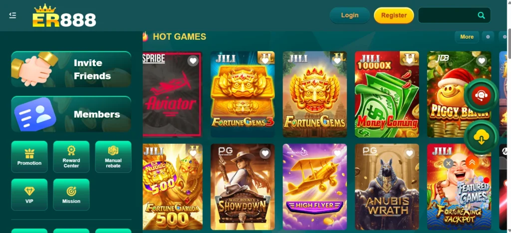 ER888 Game hot games lobby featuring Aviator, Fortune Gems, Money Coming and Piggy Bank