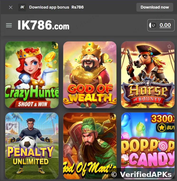 IK786 Game homepage featured banner with welcome offer and download CTA