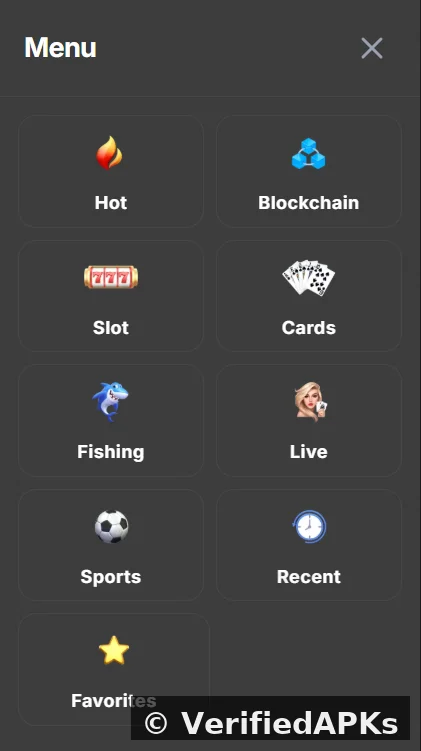 Organized sidebar menu fo IK786 game detailing sports, blockchain, and live interactive options.