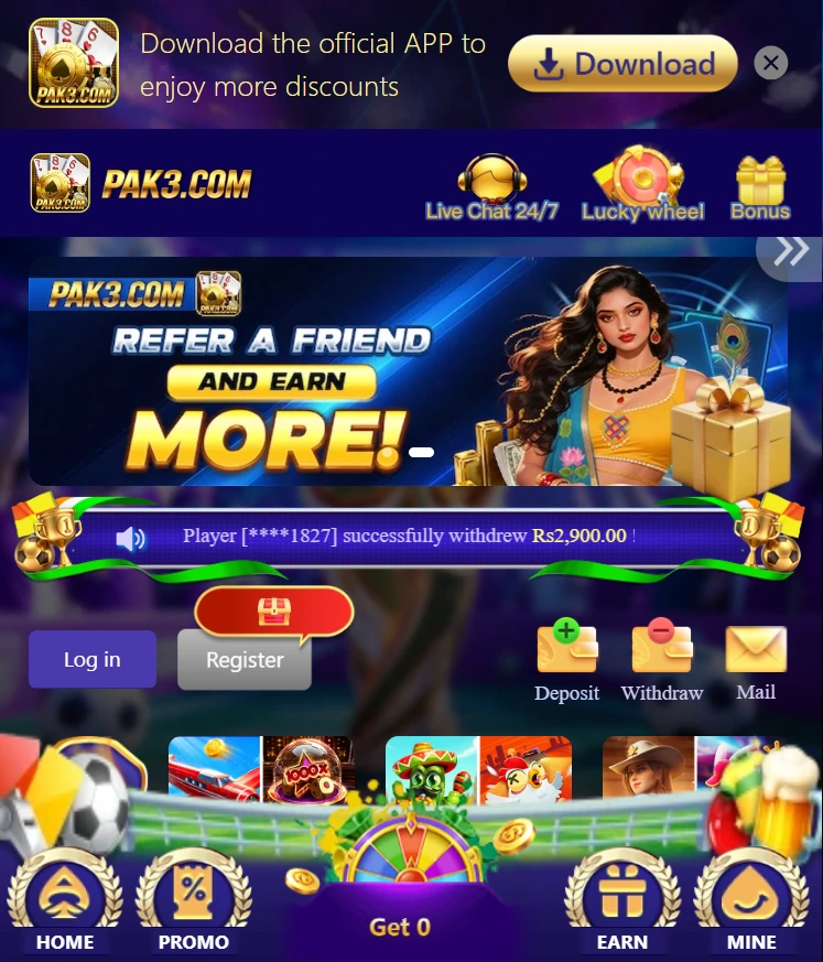 Organized PAK3 Game lobby showing Hot, Slot, Sport, Blockchain, and Poker tabs with JILI and PG Soft modules.
