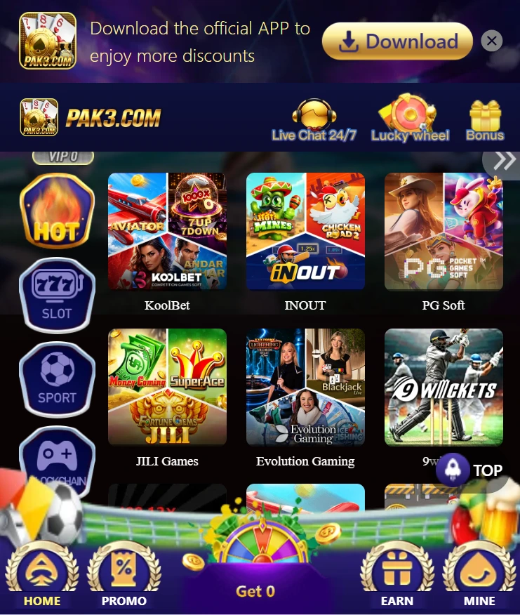 PAK3 Game screen showing the hot game in the PAK3 APK. Inout game, Aviator, 9wickets, JILI games and PG Games. 