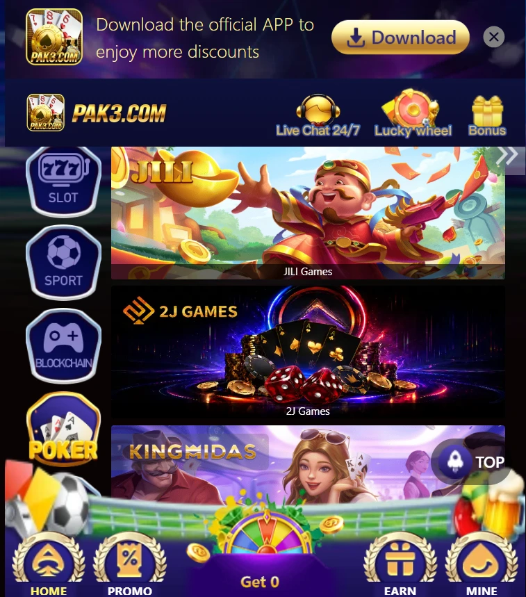 The PAK3.com poker game section with games like JILI, 2J Games and Kingmaids and many more