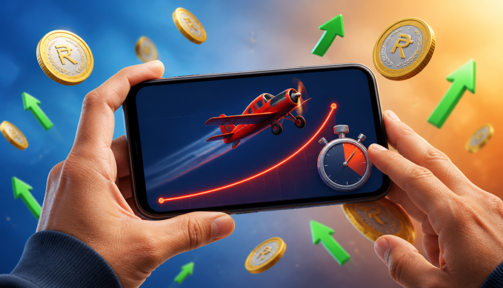 Aviator Game Tricks Predictor mobile timing tips — hands holding phone with airplane, stopwatch and Pakistani rupee coins