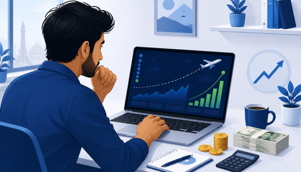 Aviator Game Tricks Predictor strategy guide — player analyzing aviator graph and Pakistani rupees on laptop