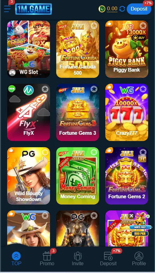 Mini-Games Hub of the 1M Game APK 2026. Play Fortune Gem 2, Piggy bank, slots and many more