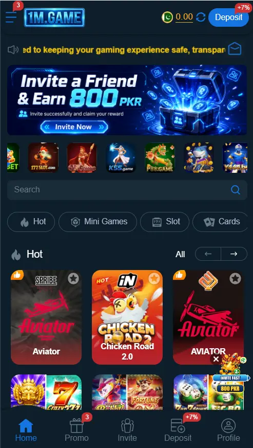 The home dashboard of 1M Game showing Aviator, Chicken Road 2.0, and active balance menus on an Android phone.