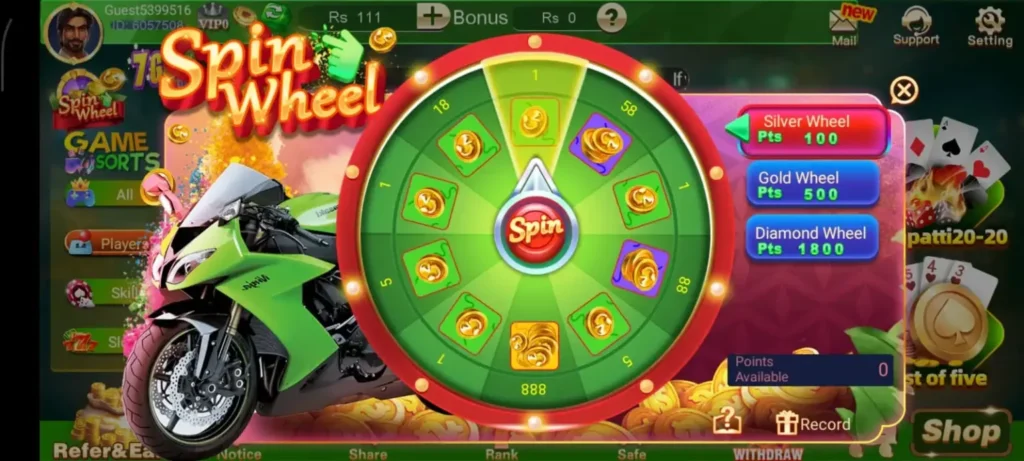 3 Patti Boss daily spin the wheel screen showing free daily reward options including PKR bonuses, free game credits and VIP points on Android