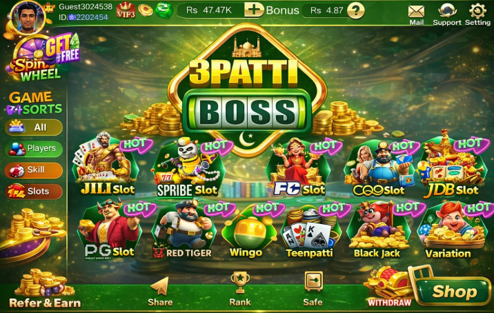 3 Patti Boss game lobby showing Teen Patti, Dragon vs Tiger, Aviator, Mines and slot machine categories available on the app