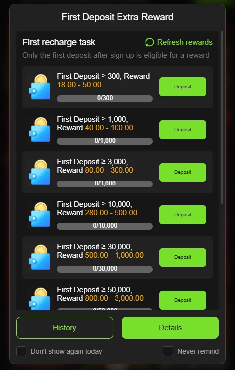 666A Game first deposit extra reward tiers ranging from Rs 300 up to Rs 50,000.