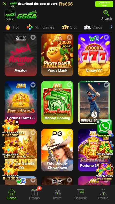 666A Game main app dashboard displaying top titles like Aviator, Piggy Bank, and Fortune Gems 3.