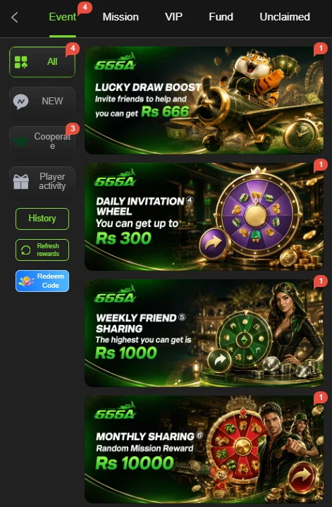 666A Game event hub showing daily invitation wheels, weekly sharing, and monthly campaigns.