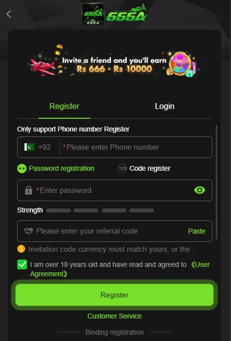 666A Game account registration modal with Pakistan phone code (+92) and password fields.
