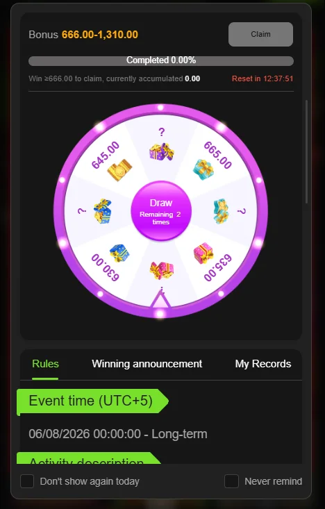 666A Game promotional spin wheel offering cash rewards between Rs 630 and Rs 665.