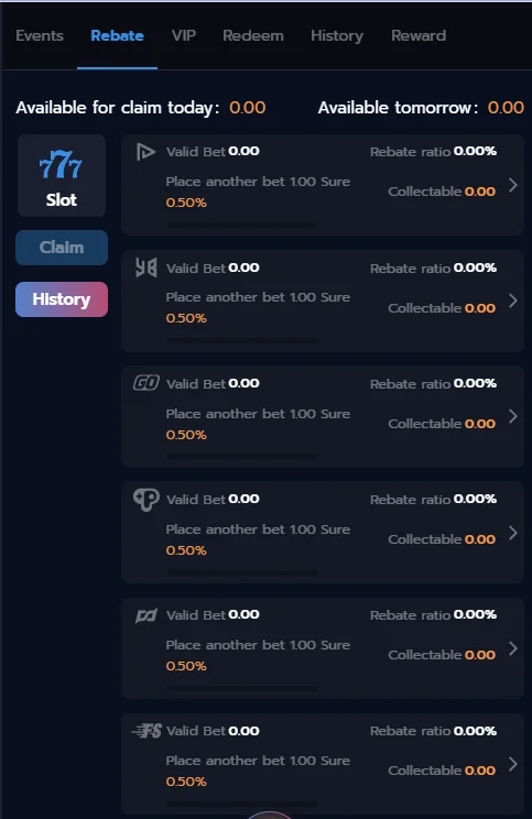 67uu APK rebate collection panel displaying slot turnover rebate statistics and instant claim buttons.