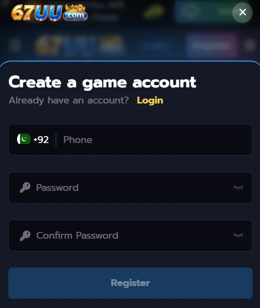 67uu APK account registration screen with Pakistani phone number input (+92) and password entry fields.