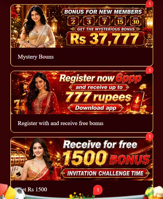6PPP Game promotion dashboard offering Rs 37,777 mystery bonus, 777 rupees download bonus, and Rs 1500 invitation banner.