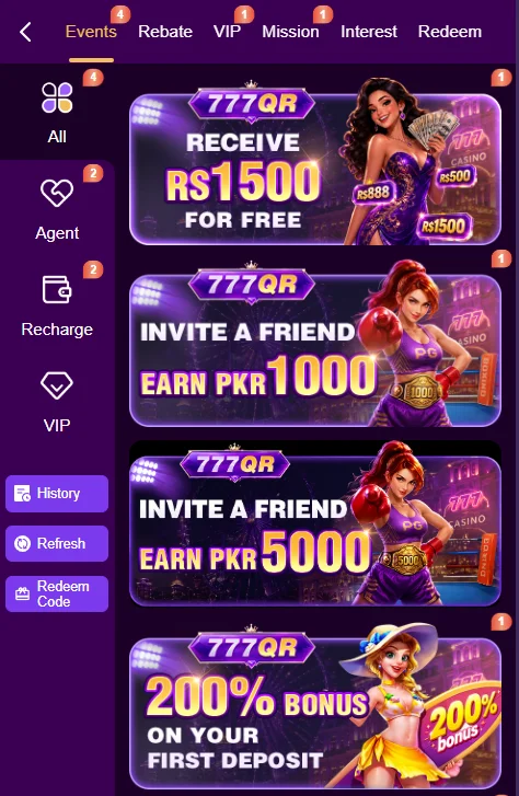 777QR game events center showing active daily tasks and bonuses