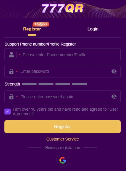 777QR game account registration form with phone number and password input