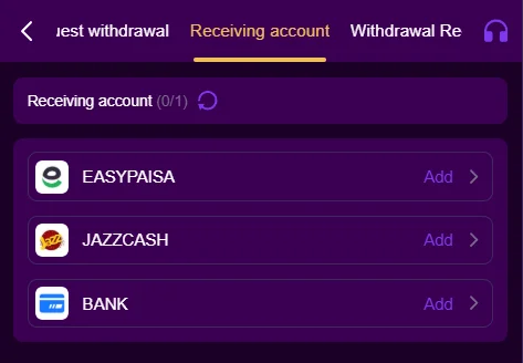 777QR game wallet setup screen to link EasyPaisa account details