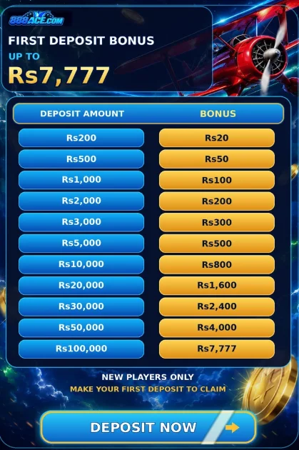 888Ace game first deposit bonus promotion chart up to Rs 7777