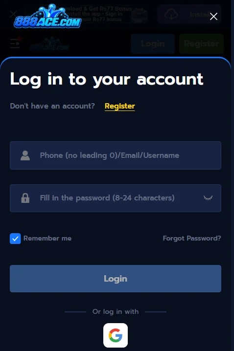 888Ace game account login window showing phone number, email, and password input fields