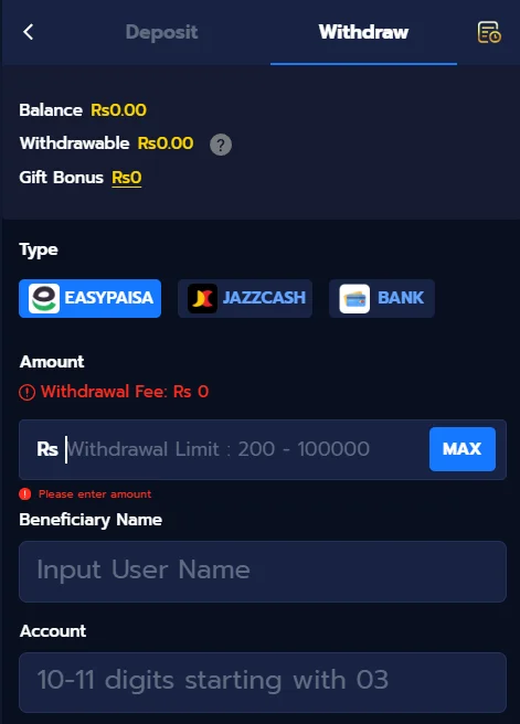 888Ace game withdrawal screen showing EasyPaisa, JazzCash, and Bank payout options