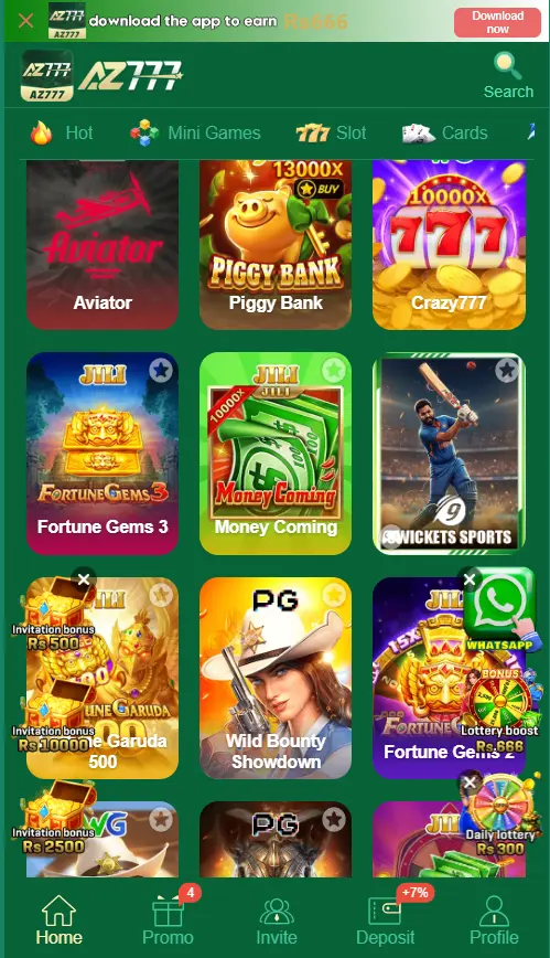 The clean AZ777 Game home screen displaying popular mini-games, promotional banners, and quick navigation tabs.