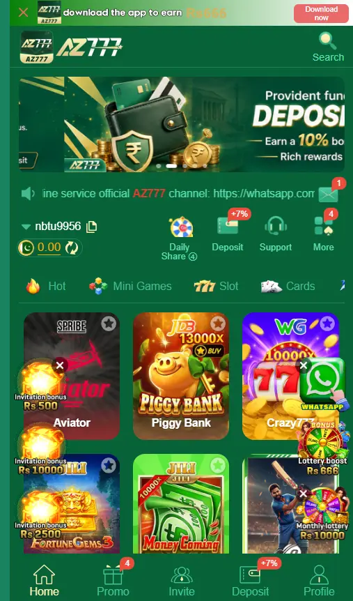The home dashboard of AZ777 Game showing active digital modules, visual matching games, and the active balance menu on an Android phone.