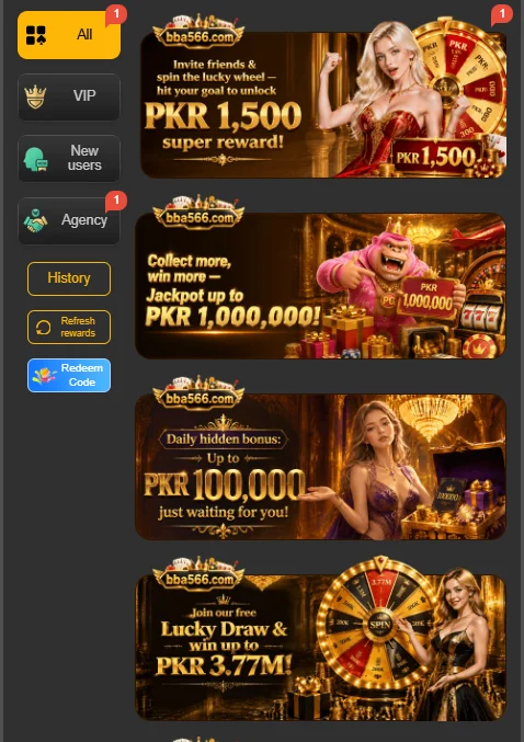 BBA566 Game event center featuring PKR 1,500 referral wheel, PKR 1M jackpot, and PKR 3.77M lucky draw.