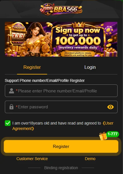BBA566 Game account registration form supporting phone number and email sign-up with mystery rewards.