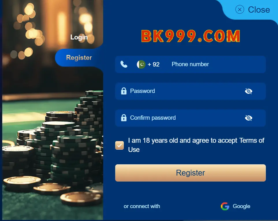 BK999 Game account registration modal showing username, password, Pakistani mobile number (+92), captcha, and OTP input fields.
