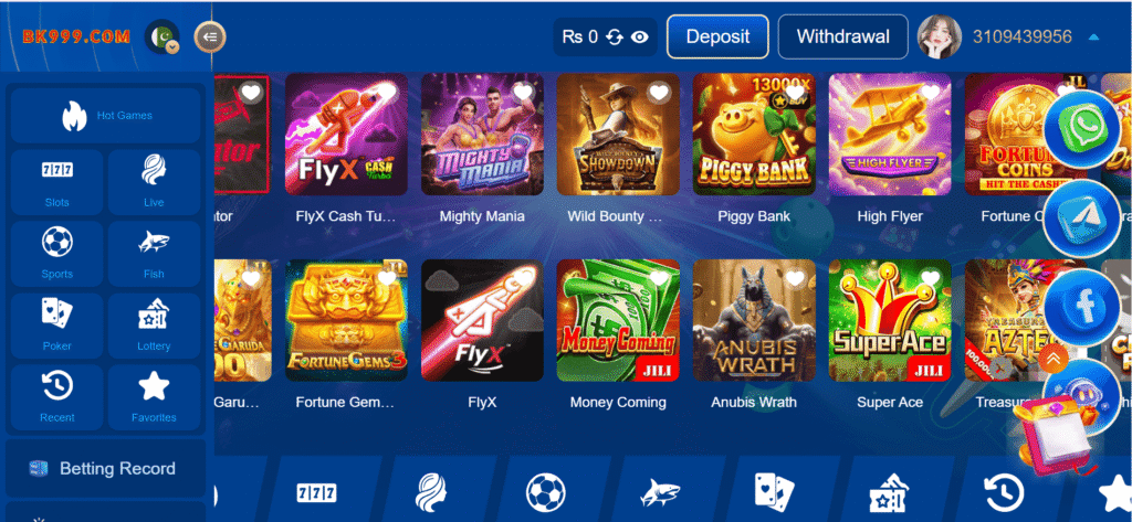 Interactive game selection lobby inside BK999 Game showing Rummy, Aviator, Fortune Gems, Chicken Road, and Wild Bounty.